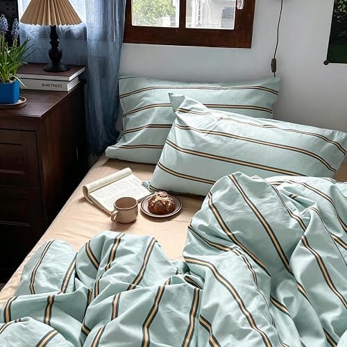 mixinni Retro Mint Blue Striped Duvet Cover Set - 100% Natural Cotton 3-Piece Vintage Stripes Pattern Printed Bedding Set, Soft Breathable Comforter Cover with Zipper Closure & Corner Ties, Full Size thumbnail 3