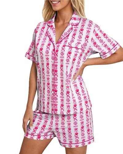 Women's Preppy Tropical Palm Pajama Set Soft Pink Starfish & Seashell PJS Comfortable Sleepwear Lounge Set thumbnail 5