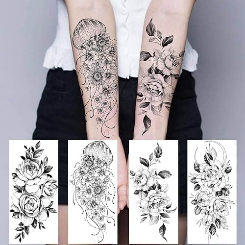 Bilizar 64 Sheets Long Lasting Flower Temporary Fake Tattoos For Women Arm Neck, Jellyfish Sunflower Moon Rose For Adults Girl, 3D Temp Realistic Snake Tatoo Stickers Serpent Peony Floral Kids - Floral thumbnail 2
