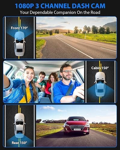 Dash Cam Front and Rear, 1080P Dash Camera for Cars, 3 Channel Car Camera Front Rear and Inside with 32GB Card, Loop Recording, Night Vision, HDR, 24Hr Parking, G-Sensor thumbnail 2