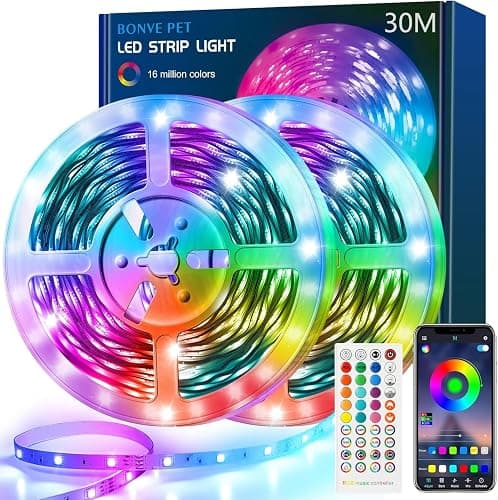 Bonve Pet LED Strip 30M,Bluetooth RGB LED Streifen,Farbwechsel LED Lichterkette 30M mit Fernbedienung und App,Led Leiste Musik Sync,Timer-Einstellung,LED Band für Gaming Zimmer, Room, Küche,Party - Image 1