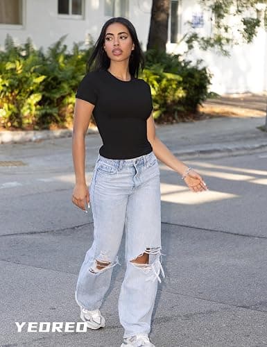 YEOREO Women Fitted Workout Tops Short Sleeve Double Lined Basic Y2K Going Out Crew Neck Compression Crop Top thumbnail 2