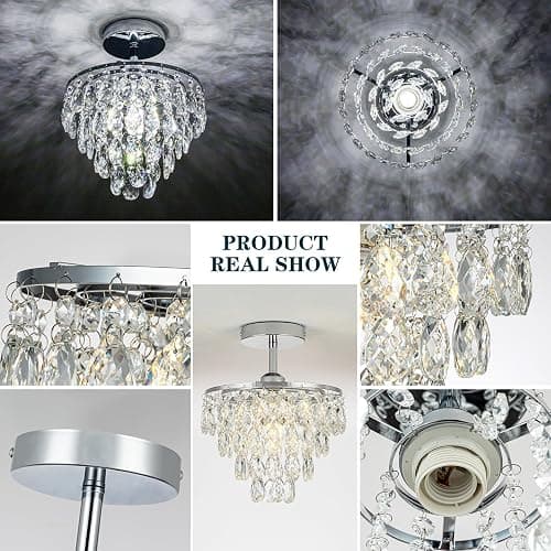 Small Crystal Chandelier Crystal Ceiling Lights Flush Mount Hallway Light Fixtures Silver Ceiling Lamp for Bedroom Closet Foyer Kitchen Bathroom thumbnail 7