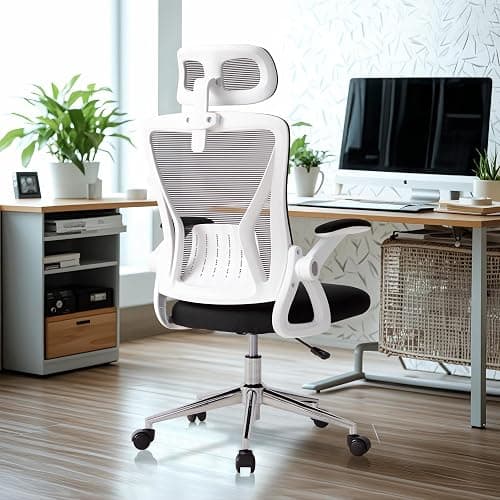Livinia Ergonomic Mesh Office Desk Chair with Lumbar Support, Head Rest, Flip-up Armrests, Wheel Casters, Adjustable Tilt and Height Swivel Computer Chair for Home Office (White) - White - Image 1