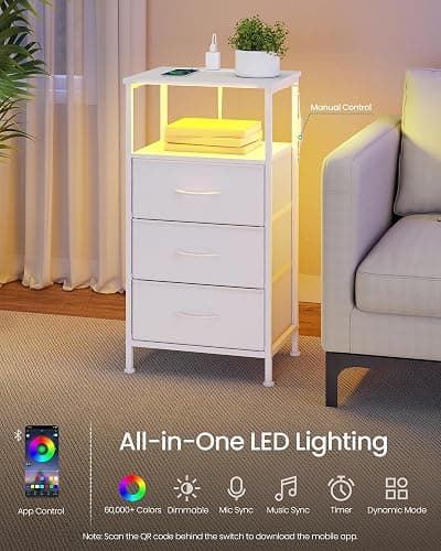 SONGMICS BELLAH Collection - Nightstand with Charging Station and App-Controlled Adjustable LED Lights, Bed Side Table, 3 Drawers and 1 Open Shelf, Modern, Cloud White and Snow White ULGS303WH01S thumbnail 5