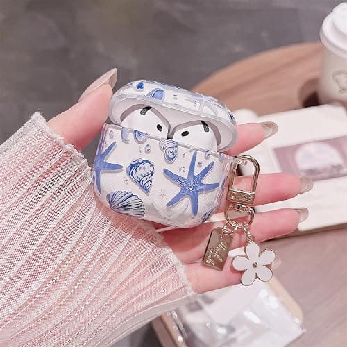 MINSCOSE Compatible with AirPods 4 Clear Case,Cute Beautiful Seashell and Starfish Pattern Design with Keychain, Soft TPU Protective Shockproof Cover for AirPods 4 for Women Girls-Blue thumbnail 2
