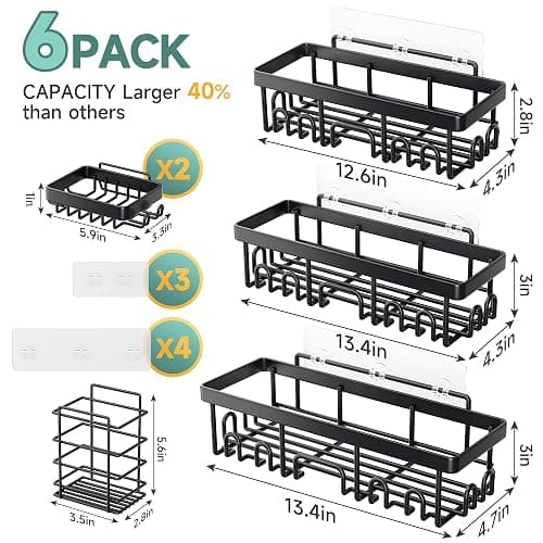 Veken Stainless Steel Shower Caddy 6-Pack, Adhesive Rustproof Shelves Rack with Soap Holder, Large Capacity Bathroom Organizers and Storage, No Drilling Wall-Mounted Kitchen & Home Decor, Bath Decor - Black - 6-Piece Set thumbnail 7
