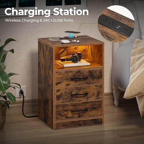 Seventable Nightstand with Wireless Charging Station and LED Lights, Modern End Side Table with 3 Drawers and Open Storage for Bedroom, Rustic Brown thumbnail 5