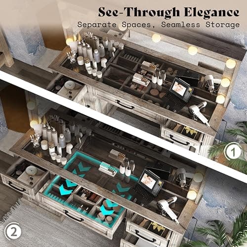 AMERLIFE 55" W Makeup Vanity with Hollywood Mirror, Glass Top Vanity with 5 Drawers & Charging Station, 10 Detachable Light Bulbs, Adjustable Brightness, Light Oak thumbnail 4