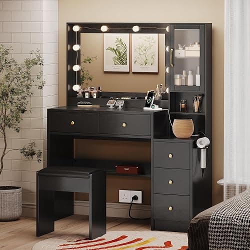Makeup Vanity with Lights & Charging Station, Black Vanity Table with 5 Drawers & Open Storage Shelves, Vanity Desk with Mirror & Lights, Dressing Table Set, Bedroom Makeup Table Set Black Handle - Image 1
