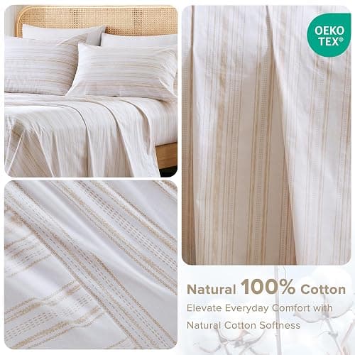 Comfort Spaces 100% Cotton Sheets King, Breathable, Naturally Cool Cotton Sheets, Cotton Bed Sheets with 14" Elastic Pocket Fits up to 16" Mattress, All Seasons Sheet Set, Good Vibes Taupe 4 Piece thumbnail 3