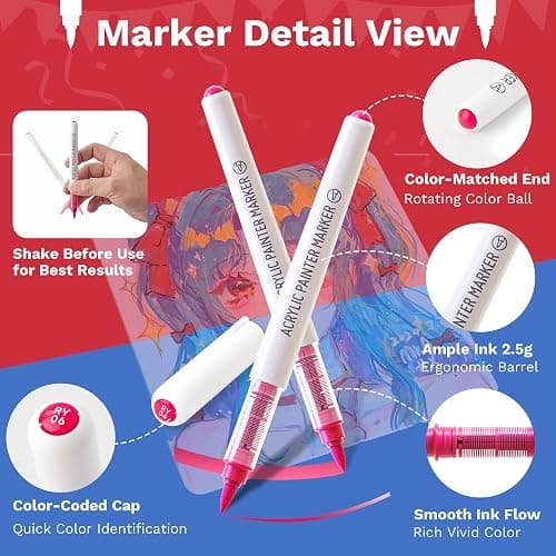 Hopesky 96 Colors Acrylic Paint Markers - Brush Tip Vibrant Multi Surface Acrylic Paint Pens Set for Adult Artists, Brush Markers Set with Organizing Case Perfect for Fabric Glass Wood DIY Crafts thumbnail 7