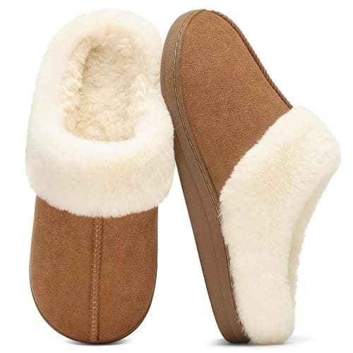 Evshine Women's Memory Foam Fuzzy Slippers Cozy House Shoes | Wool-Like Faux Fur Lining, Non-Slip rubber sole, Warm Winter Slippers Indoor & Outdoor, Great Christmas Gift - Image 1