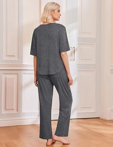 Ekouaer 2 Pack Womens Pajama Sets Short Sleeve Tops and Long Pants Casual Comfy Pjs Lounge Set with Pockets,S-XXL thumbnail 2