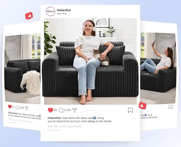 Hobestluk Couch Sofa 2-Seater Foam Sofa Loveseat for Small Spaces Comfy Sofas with Removable Cover Furry Couch with Pillows for Living Room, Bedroom, Apartment, Office (Black, Loveseat) thumbnail 4