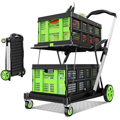 BSMTEK 8-in-1 Max 200LBS Collapsible Shopping Cart on Wheels with 2 Storage Crates, Portable Foldable Shopping Cart with Foot Brake for Picnic, Supermarket, Office, Green-2025 Upgraded - Image 1