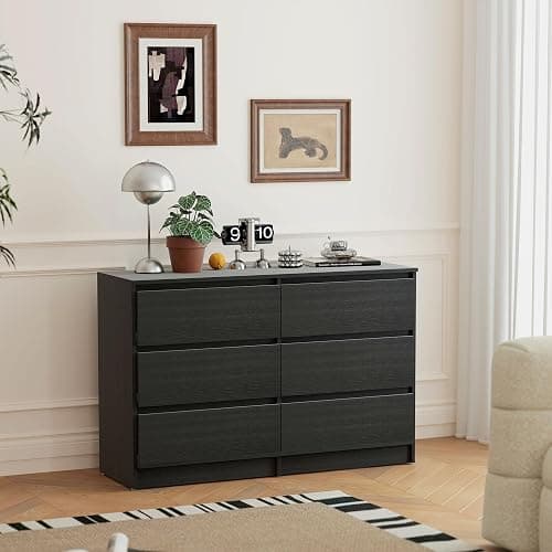 HOMCOM 6 Drawer Dresser for Bedroom, Wide Chest of Drawers, Modern Clothes Storage Organizer for Living Room, Hallway, Black thumbnail 8