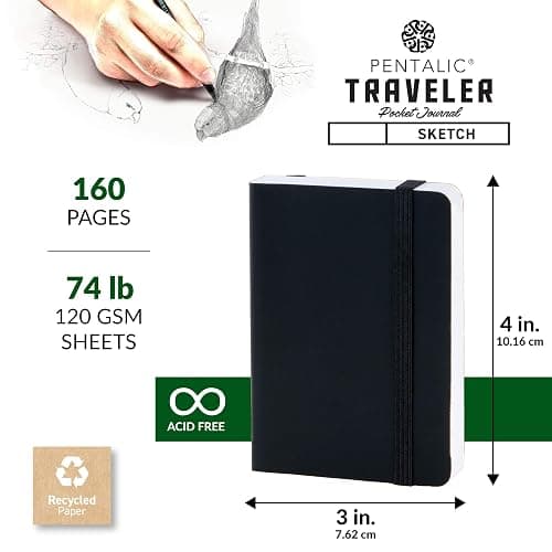 Pentalic 3" x 4" Pocket Sketchbook Traveler Journal, 160 Pages, Black thumbnail 3