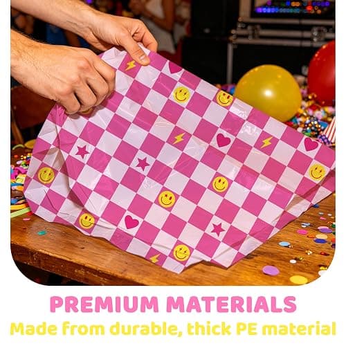 2Pcs Preppy Party Tablecloths Retro Smile Face Lightning Heart Star Table Cover Pink White Checkered Disposable Plastic Tableware for Y2K Groovy Birthday Baby Shower Party Table Decor Supplies thumbnail 5