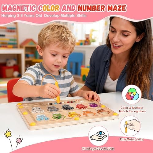 2 IN 1 Magnetic Color and Number Maze, Montessori Toys with Drawing Board for 3 4 5 Year Old, Wooden Magnet Balls Puzzles, Learning Educational Toys for Kids Toddlers Boys Girls Christmas Birthday thumbnail 3