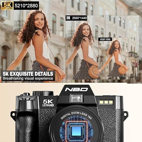 NBD 5K Digital Cameras for Photography - 16X Zoom Travel Camera with 180° Flip Screen, 64MP Vlogging Cameras Fotograficas for YouTube, Auto Focus, Macro Lens, 2 Batteries & 64GB TF Card（Black） thumbnail 4