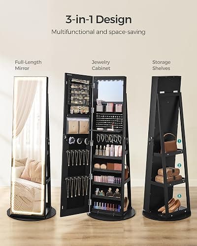 SONGMICS LED Jewelry Cabinet Standing, Lockable Armoire With Full-Length Mirror and Adjustable Lights, Space-Saving Organizer, Christmas Gifts for Women, Gift Idea, Ink Black UJJC008B01 thumbnail 6