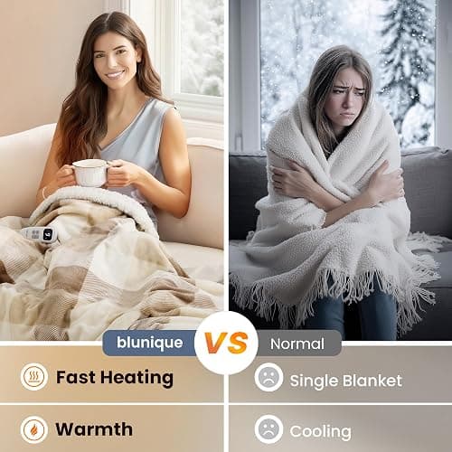 blunique Heated Blanket Electric Throw-50''x60''Ultra Soft Cozy Plaid Flannel Fast Heating Electric Blanket with 10 Heat Levels & 10 Hours Auto Off, ETL Certified, Keep Warm in Couch Bed Office(Khaki) thumbnail 6