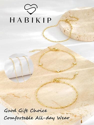 HABIKIP 14K Gold Plated Bracelet for Women, Stackable Link Bracelet Set | Adjustable Minimalist Bracelet with Cubic Zirconia, Dainty Layered Waterproof Jewelry, Trendy Gifts thumbnail 6