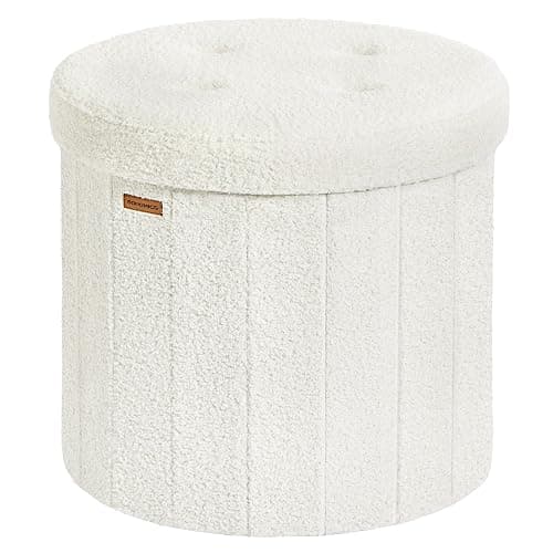 SONGMICS Mazie Collection - Round Storage Ottoman, Folding Footrest Stool with Removable Lid, Easy Assembly, Teddy Fleece Vanity Stool for Bedroom, Living Room, Entryway, Cream White ULSF606W01 - Image 1