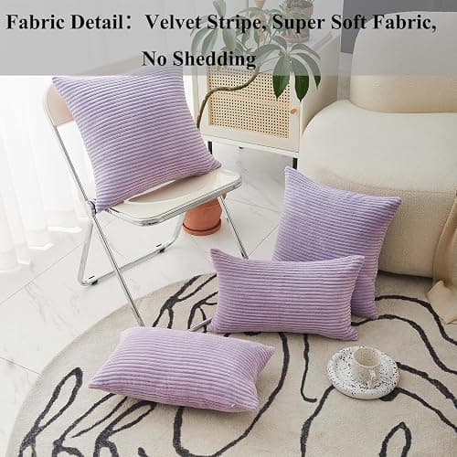 Home Brilliant Light Purple Pillow Covers 18x18 Set of 2 Striped Corduroy Throw Pillow Covers Cushion Covers for Office Couch Chair Bedroom, 18x18 Inch, Lavender thumbnail 6