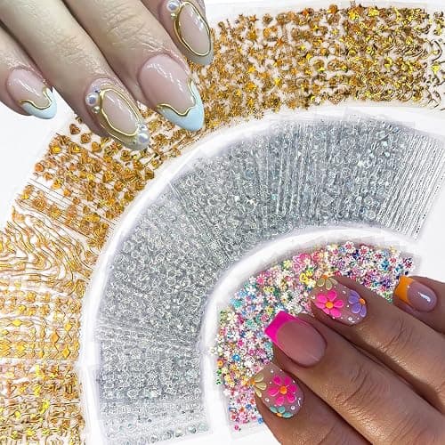 90 Sheets Nail Stickers for Nail Art, Flower Nail Art Stickers Gold Silver Line Star Floral Nail Decals for Nails Design, Aurora Nail Decor Nail Accessories for Women Girls - Image 1