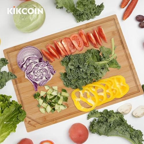 Bamboo Cutting Boards for Kitchen, Extra Large Wood Cutting Board with Deep Juice Groove and Handle Heavy Duty Chopping board, Kikcoin, 17.6" x 12" thumbnail 2