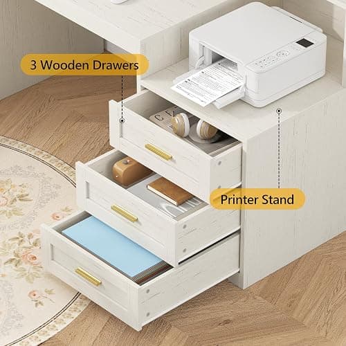 TVU 65" White Computer Desk with Drawers and Printer Stand for Home Office | Office Desk with Power Outlets and Storage Cabinet, Study Writing Desks with Long Monitor Stand thumbnail 5