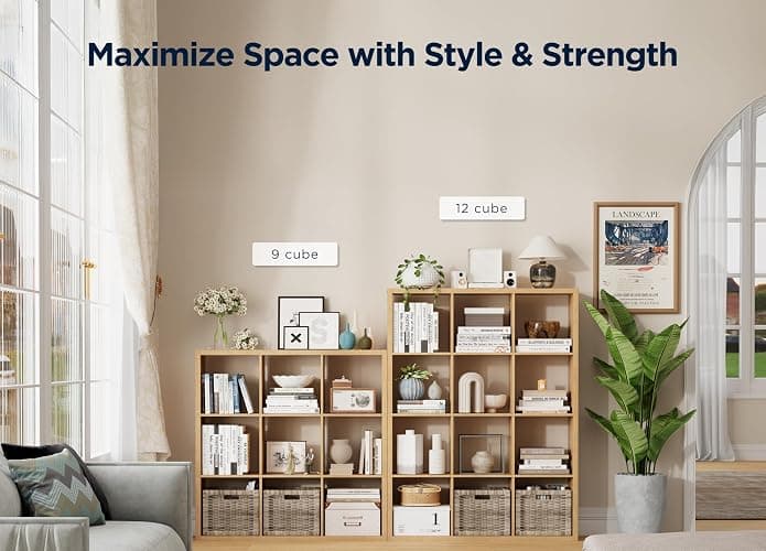 Jpiziso 16-Cube Storage Organizer Bookcase, Thick Frame Wood Grain Storage Shelf, Rectangular Cube Open Back Display Unit, 48.8x9.4x48.8 Inches for Living Room, Bedroom, Home Office, Natural Wood thumbnail 5
