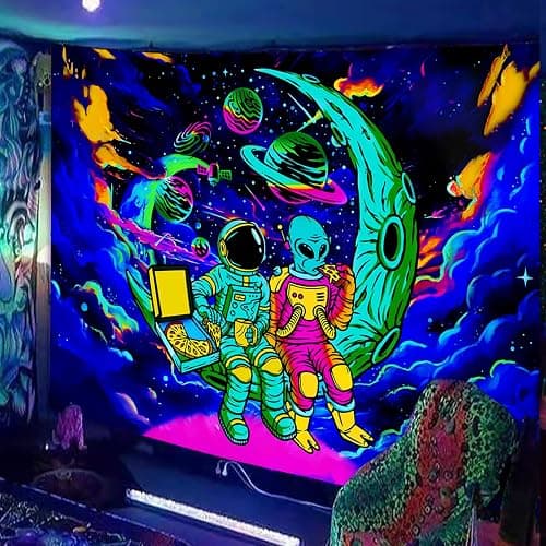Sanzugh Funny Space Astronaut Alien Blacklight Tapestry UV Reactive Poster, Trippy Universe Black Light Art for Men Guys Room Bedroom Decor Cool Psychedelic Glow in the Dark Tapestries Wall Hanging thumbnail 3