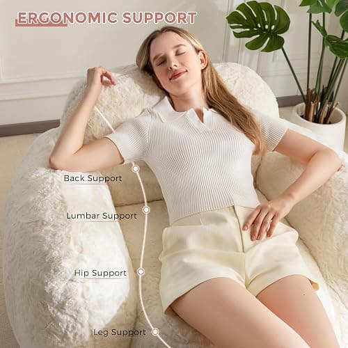 MAXYOYO Bean Bag Chair, Comfy Pebble Shaped Single Bean Bag Sofa for Adults, Stuffed Floor Sofa with Supportive Backrest & Armrests, Modern Faux Fur Accent Chair for Living Room & Bedroom, Beige - Standard - Beige thumbnail 6