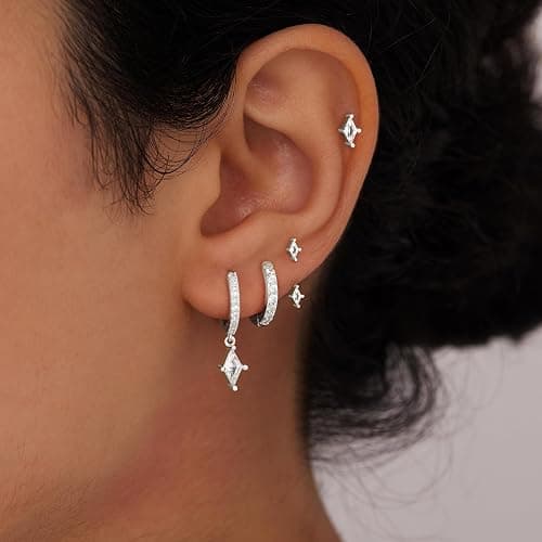 Silver Stud Hoop Earrings Set for Women, Trendy Dangle Jacket Huggie Stacks for Multiple Piercing, Hypoallergenic Cartilage Jewelry Gifts White CZ Geometrical Drop thumbnail 5