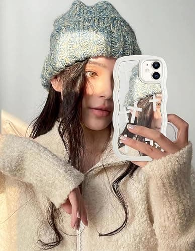 Jusy Compatible with iPhone 11 Case with Wavy Edge, Cute White Cross Pattern Mirror Curly Phone Cases, Shockproof Hard PC & Soft TPU Bumper Protection Cover for Women Girls-Cross Pattern thumbnail 6