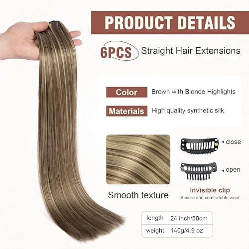 Flufymooz 6PC Clip in Hair Extensions 24" Straight Long Extensions for Women Synthetic Hairpiece (Brown with Blonde Highlights) thumbnail 2