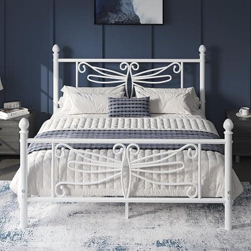 E-Ser Queen Size Bed Frame, Metal Platform Bed Frame with Dragonfly Pattern Headboard and Footboard, Strong Metal Slats Support, No Box Spring Needed, Easy Assembly, Noise-Free, White - Image 1