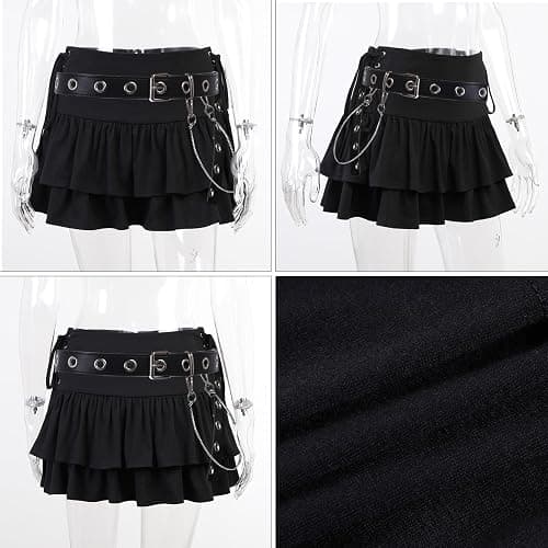 ZUNQKG Womens Y2k Gothic Skirt High Waisted Lace Up Double Layered Ruffles Punk Mini Emo Skirts thumbnail 4