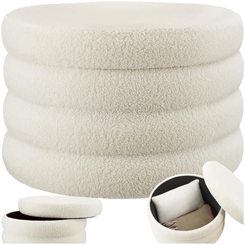 tectake® Hocker mit Stauraum, XL Scandi Sitzhocker Bouclé Teddy Stoff, Pouf, Polsterhocker rund für Schminktisch, Wohnzimmer Möbel, als Flur Möbel, Stauhocker Wohnen, Ø 67 x 42 cm - Bouclé Creme-weiß - Image 1