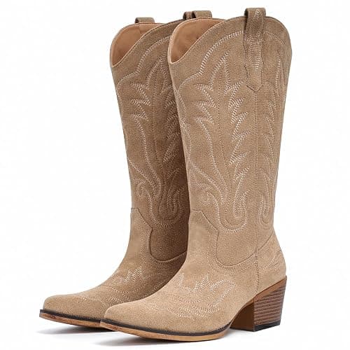 Fioralie Suede Cowboy Boots for Women Western Mid Calf Cowgirl Boots with Embroidered, Retro Snip Toe Fashion Boot With Chunky Block Heel Summer Fall Country Music Festival Cowboy Chic - Image 1
