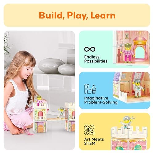 PicassoTiles 60pc Magnetic Tile Princess Castle Building Set with Double Sided Printed Tiles 2 Character Figures STEM Educational Toy Kit for Kids Pretend Play Montessori Learning Ages 3 to 8 PTQ04 thumbnail 5