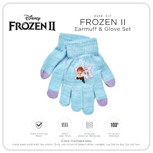 Disney Frozen 2-Piece Winter Accessory Set for Girls, Anna and Elsa Kids Earmuffs and Gloves, Size 4-7 Years, Blue thumbnail 6