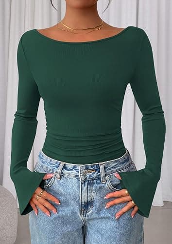 PRETTYGARDEN Womens Long Sleeve Shirts 2026 Spring Crop Going Out Tops Casual Boat Neck Bell Sleeve Ribbed Ruched Y2K Clothes thumbnail 7