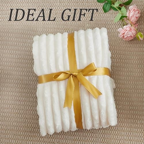BEDELITE Fleece Throw Blanket for Couch - 300GSM Soft & Warm Fluffy Cream White Blanket, Decorative and Giftable Striped Blankets for Women, Men, 50"x60" thumbnail 6