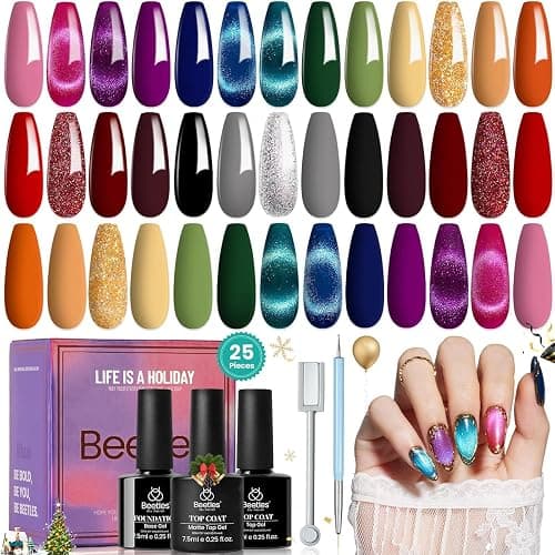 Beetles Winter Gel Nail Polish 20 Winter Colors Cat Eye Gel Polish Set Gift Spree Burgundy Red Purple with Magnet Pen Base Top Coat DIY Salon Manicured Soak Off UV LED Gifts for Women Gemstone Party thumbnail 8