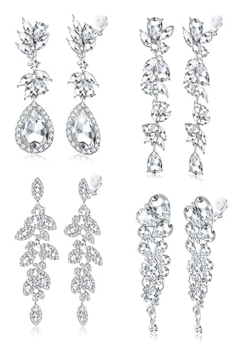 Jstyle 4 Pairs Silver Clip on Earrings for Women Elegant Rhinestone Clip on Earrings Dangle Drop for Brides Bridesmaids Non Pierced Earrings Set - Image 1