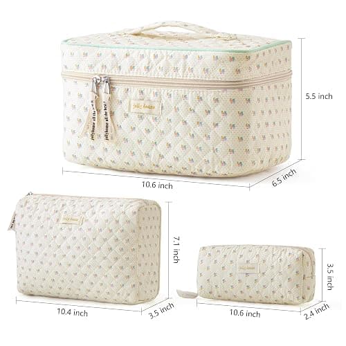 HBselect Quilted Makeup Bag, 3Pcs Cotton Large Travel Makeup Bags Organizer | Cute Floral Make up Bag Cosmetic Bag Toiletry Bag for Women Girls, Makeup Pouch for Skincare, Brushes & Travel Essentials thumbnail 6